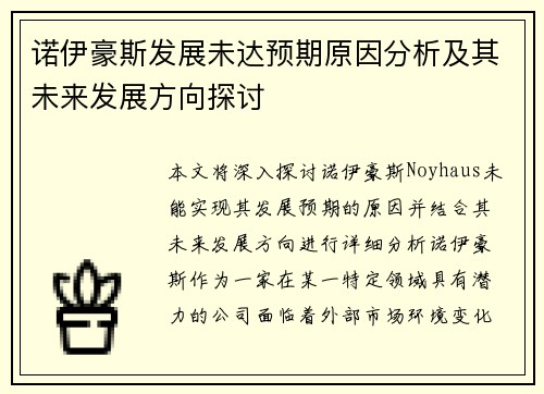 诺伊豪斯发展未达预期原因分析及其未来发展方向探讨